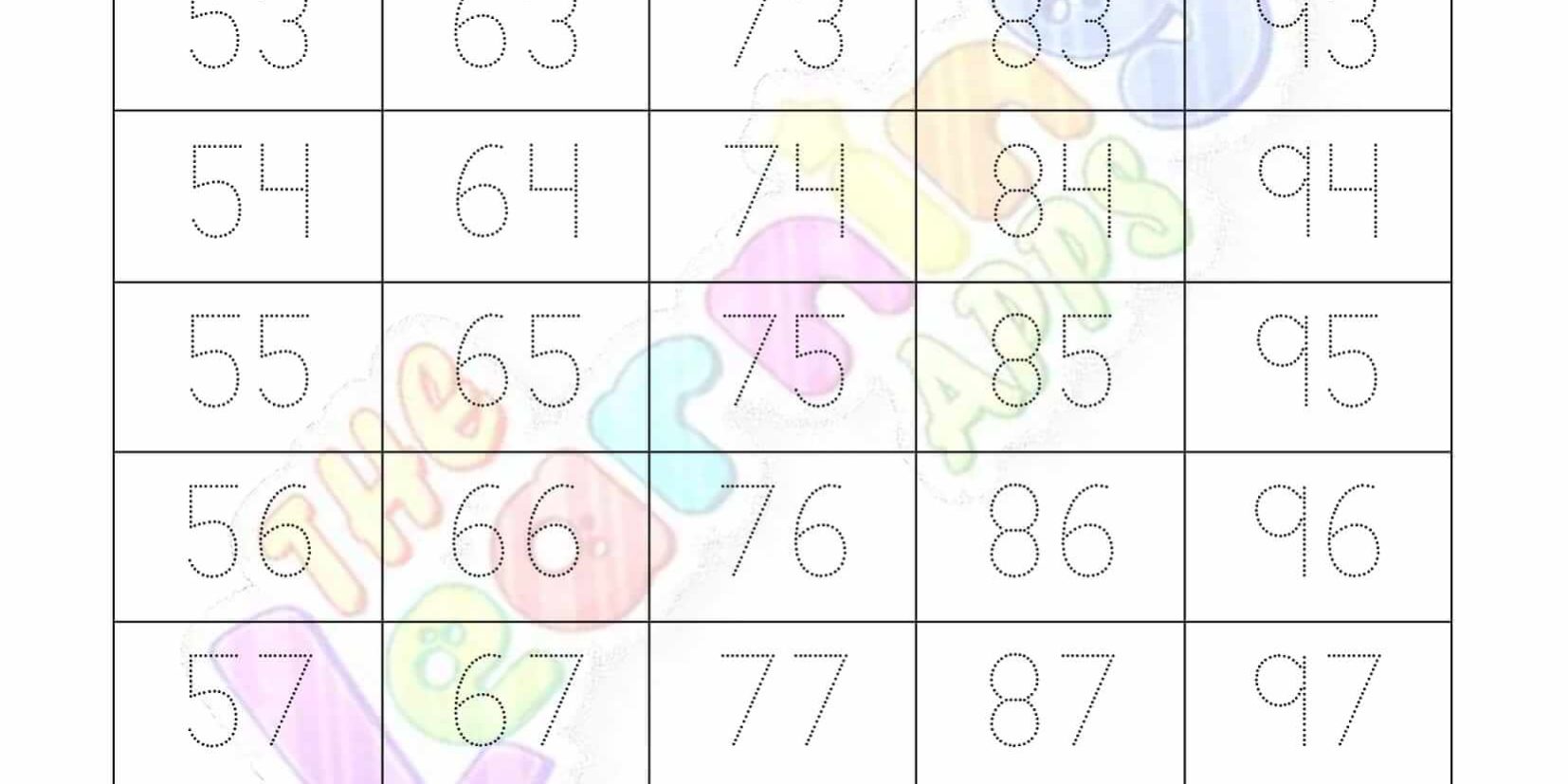 Free Printable Number Tracing 51-100 Worksheet for Kids