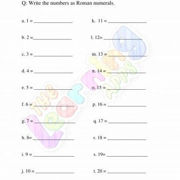Roman Numerals - Grade 1 - Activity 1