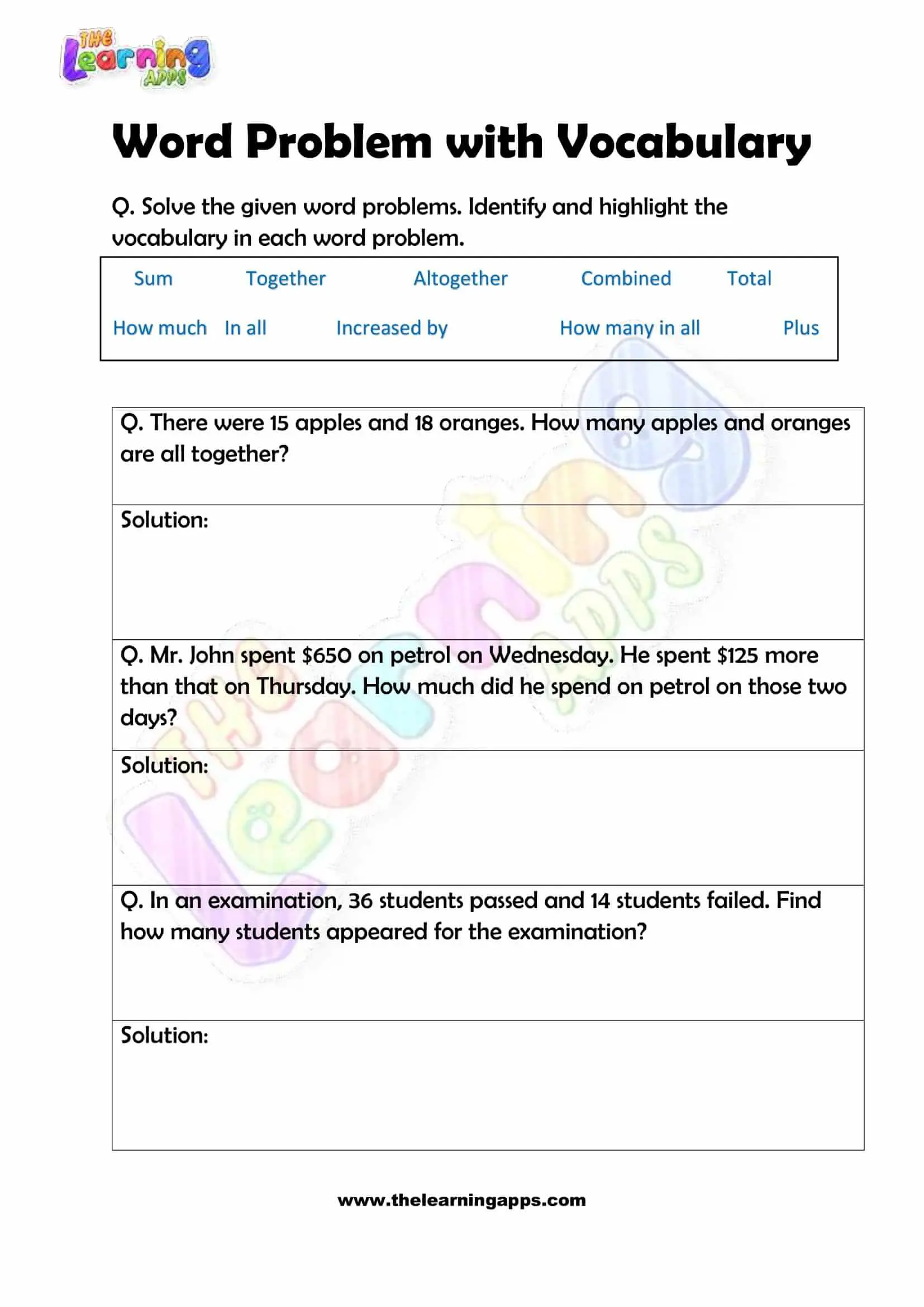 2nd Grade Math Word Problems with Vocabulary Worksheets for Kids
