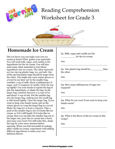 Homemade Ice Cream Comprehension Worksheet