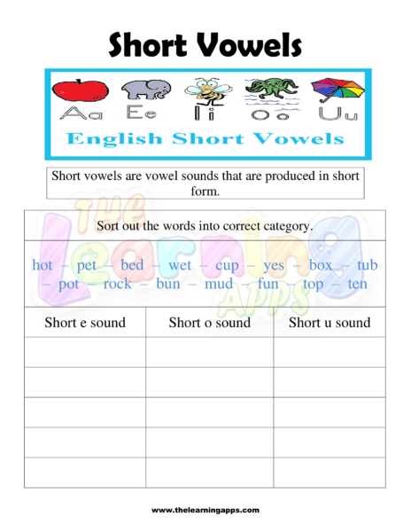 Short vowels Worksheet 01